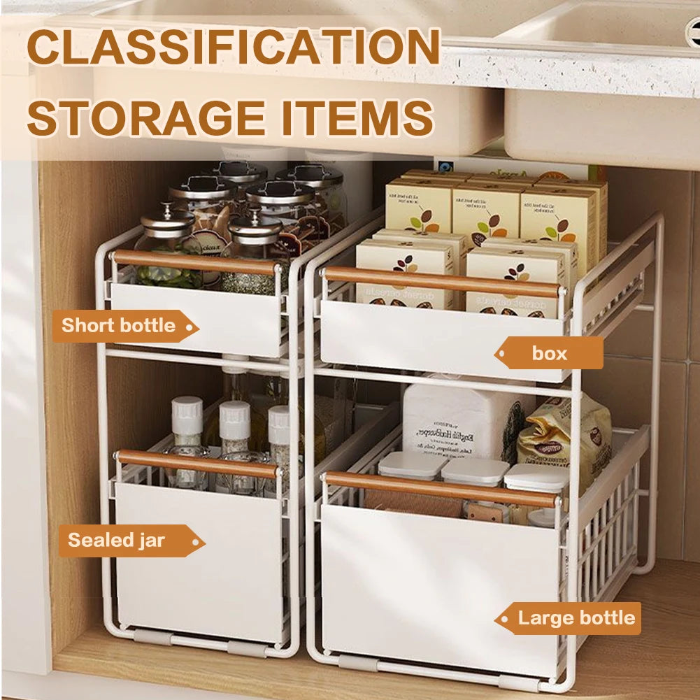 View of 2-Tier Pull-Out Cabinet Organizer – Under Sink Sliding Storage Drawer