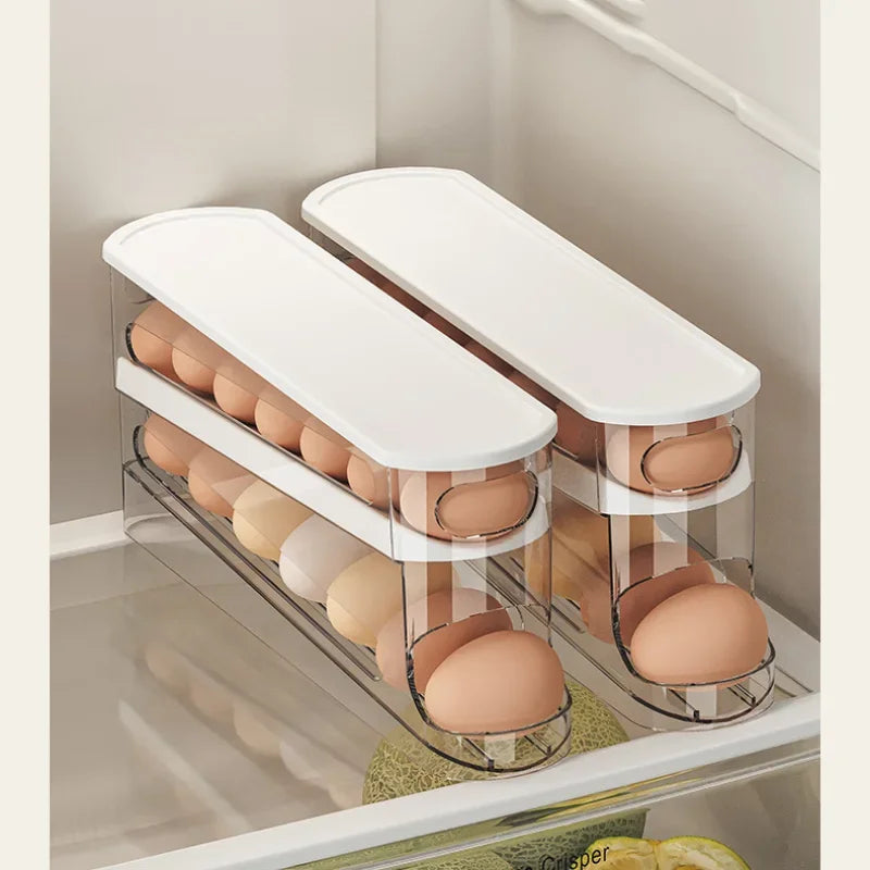 View of Automatic Rolling Double-Layer Egg Dispenser – Refrigerator Egg Organizer Holder