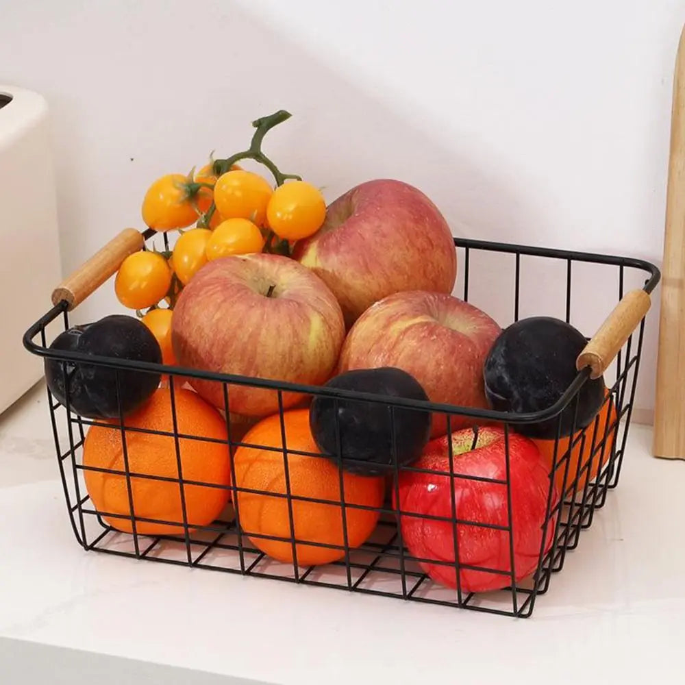 4-Pack Wire Metal Storage Basket – Iron Wire Rectangle Organizer with Wood Handle | Black or White