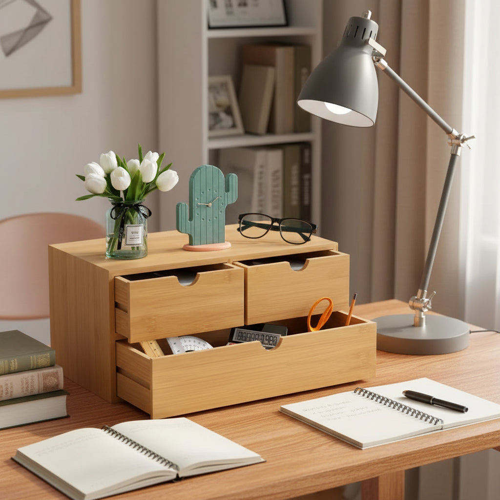 Wooden desk organizer with various items including a cactus clock, glasses, and stationery on a beige background.