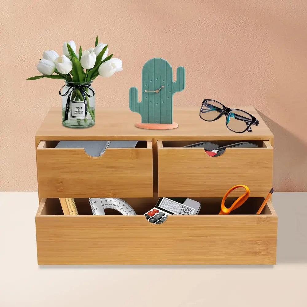 Bamboo Desk Organizer with 3 Drawers – Tabletop Storage Box for Office, Makeup & Home | No Assembly