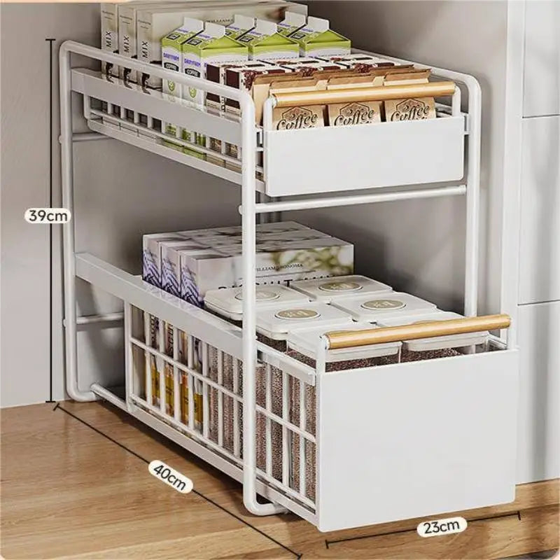 2-Tier Pull-Out Cabinet Organizer – Under Sink Sliding Storage Drawer with Hooks