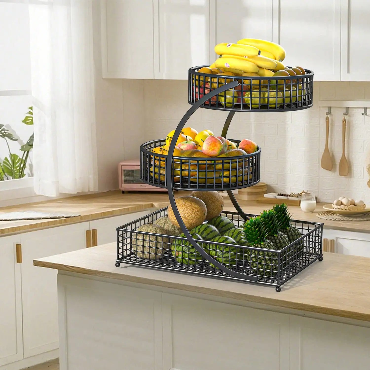 3-Tier Metal Fruit Basket Stand – Floor or Countertop Kitchen Produce Organizer