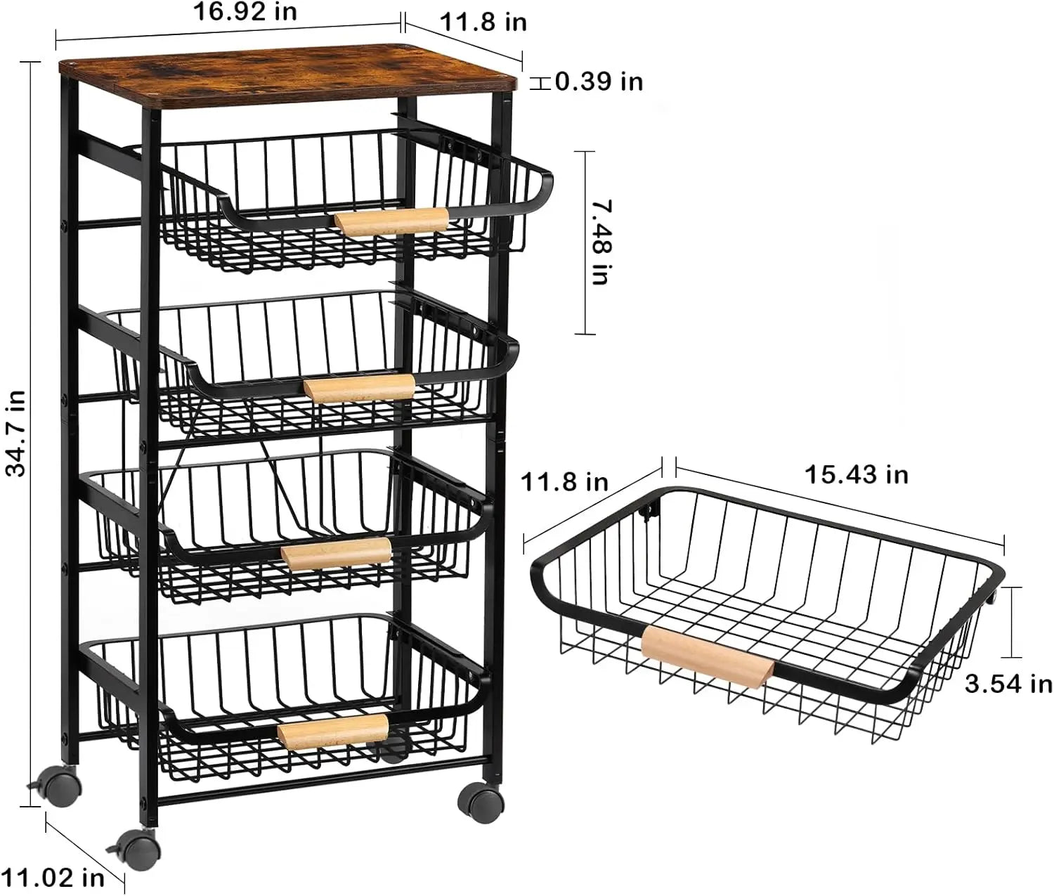 View of 5-Tier Rolling Kitchen Cart with Wooden Top – Metal Storage