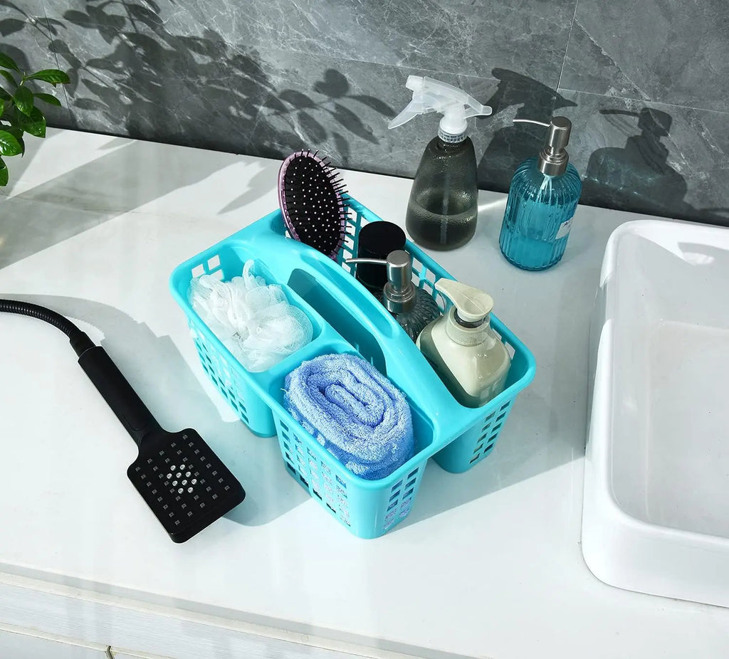 View of Divided Shower Caddy Basket with Handle – 3-Compartment Portable Storage
