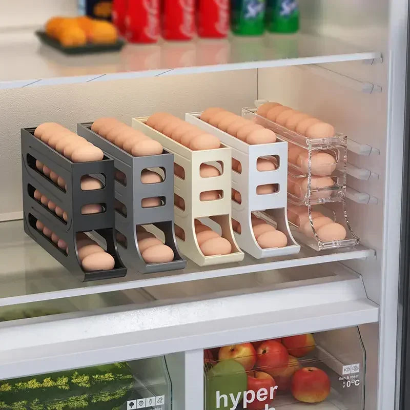 4-Layer Automatic Rolling Egg Storage Rack – Refrigerator Egg Organizer Holder