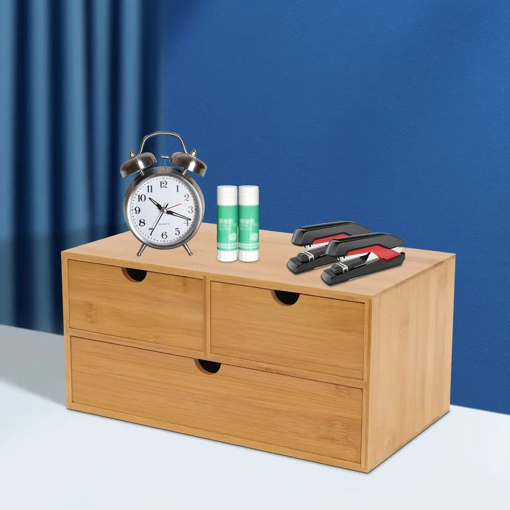 Bamboo Desk Organizer with 3 Drawers – Tabletop Storage Box for Office, Makeup & Home | No Assembly