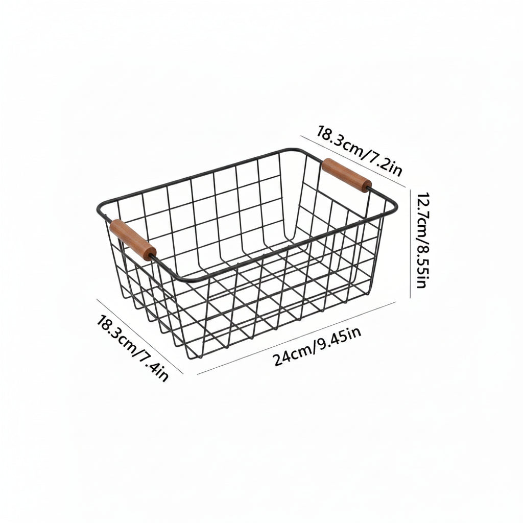 2 / 3-Pack Wire Metal Storage Basket – Iron Wire Rectangle Organizer with Wood Handle | Black