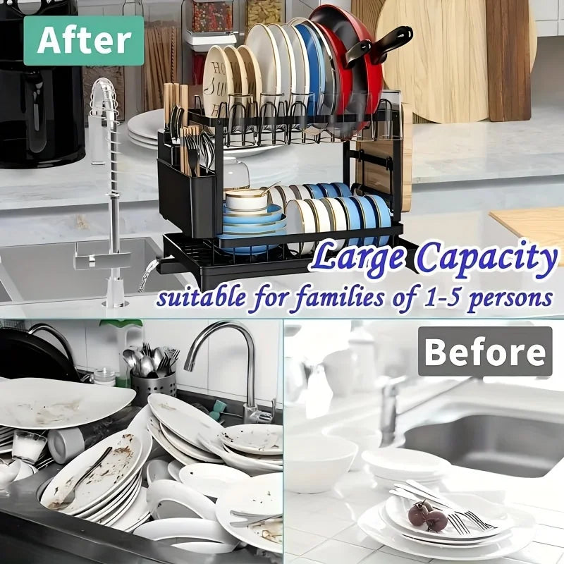 View of 2-Tier Dish Drying Rack with Drainboard – Space-Saving Kitchen Dish
