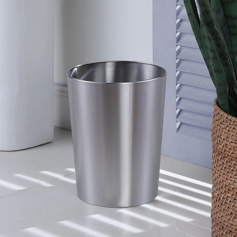 2.2 Gallon Brushed Nickel Metal Wastebasket – Modern Open Top Trash Can