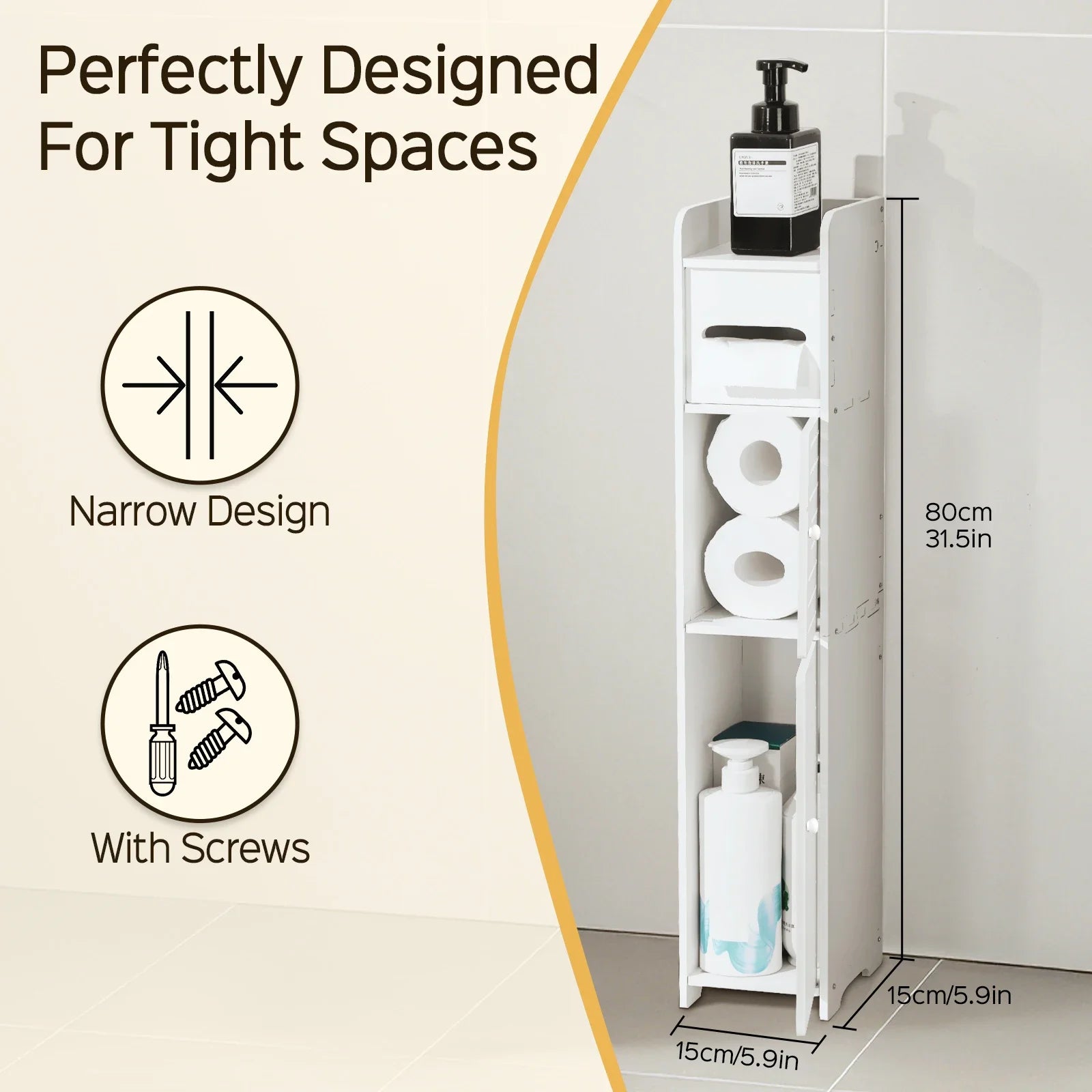 Slim 3-Tier Bathroom Storage Cabinet – Space-Saving Toilet Paper & Organizer Shelf