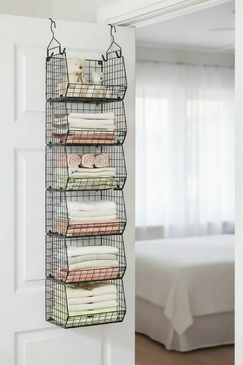 5-tier Closet Hanging Organizer with Hooks & Wire Baskets – Multi-Tier Storage Shelves | Light Grey