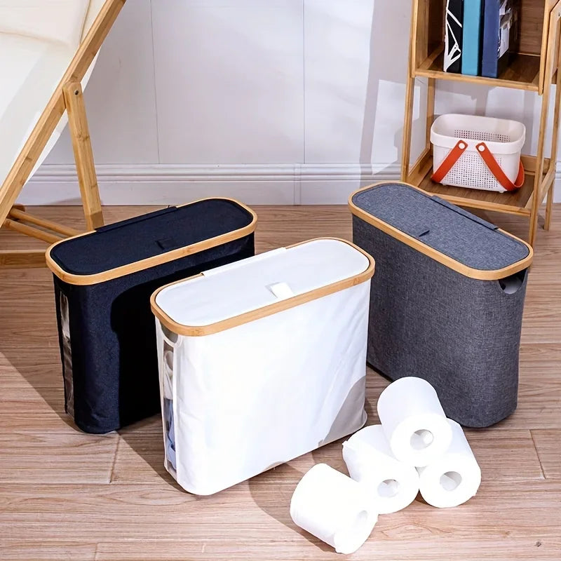 28L Bamboo Lid Toilet Paper Storage Basket – Large Bathroom Organizer