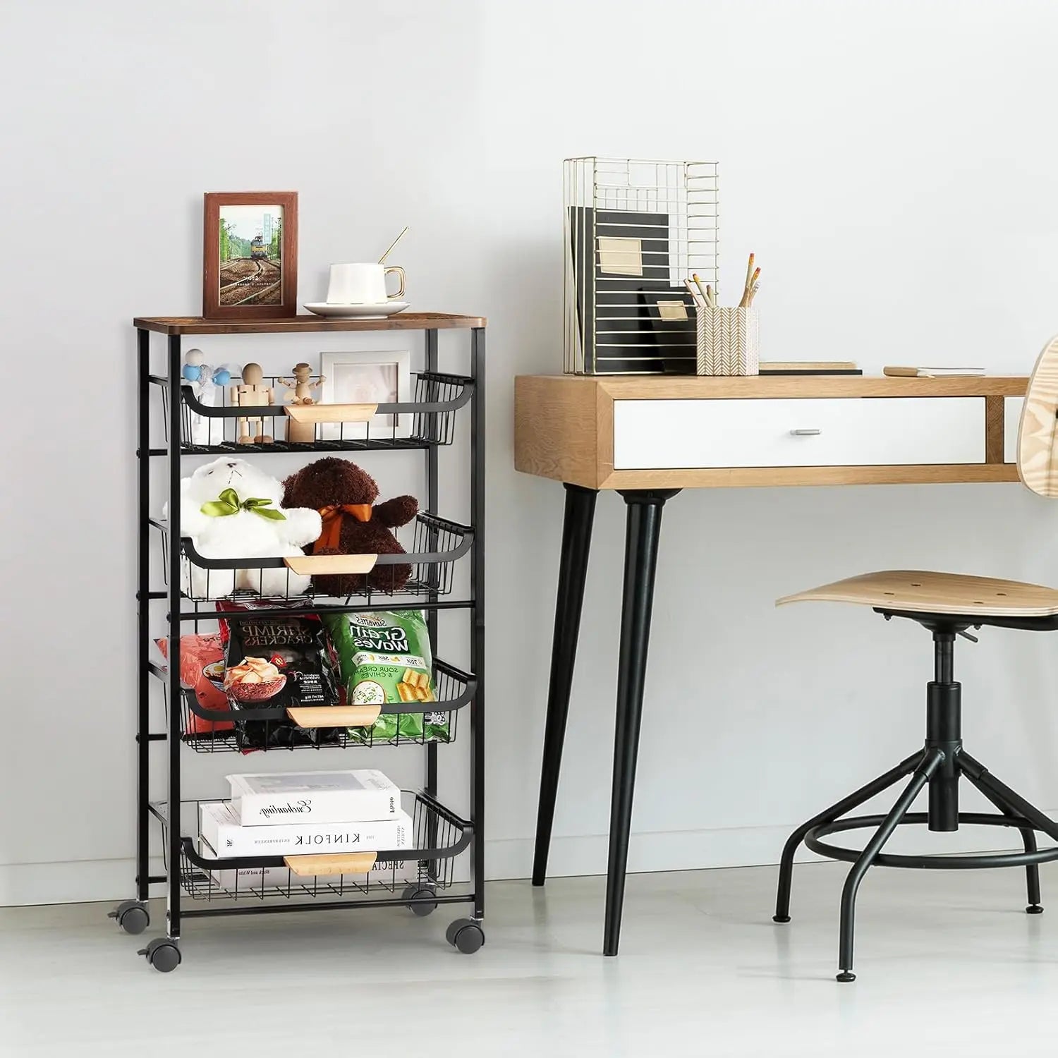 5-Tier Rolling Kitchen Cart with Wooden Top – Metal Storage Basket Organizer