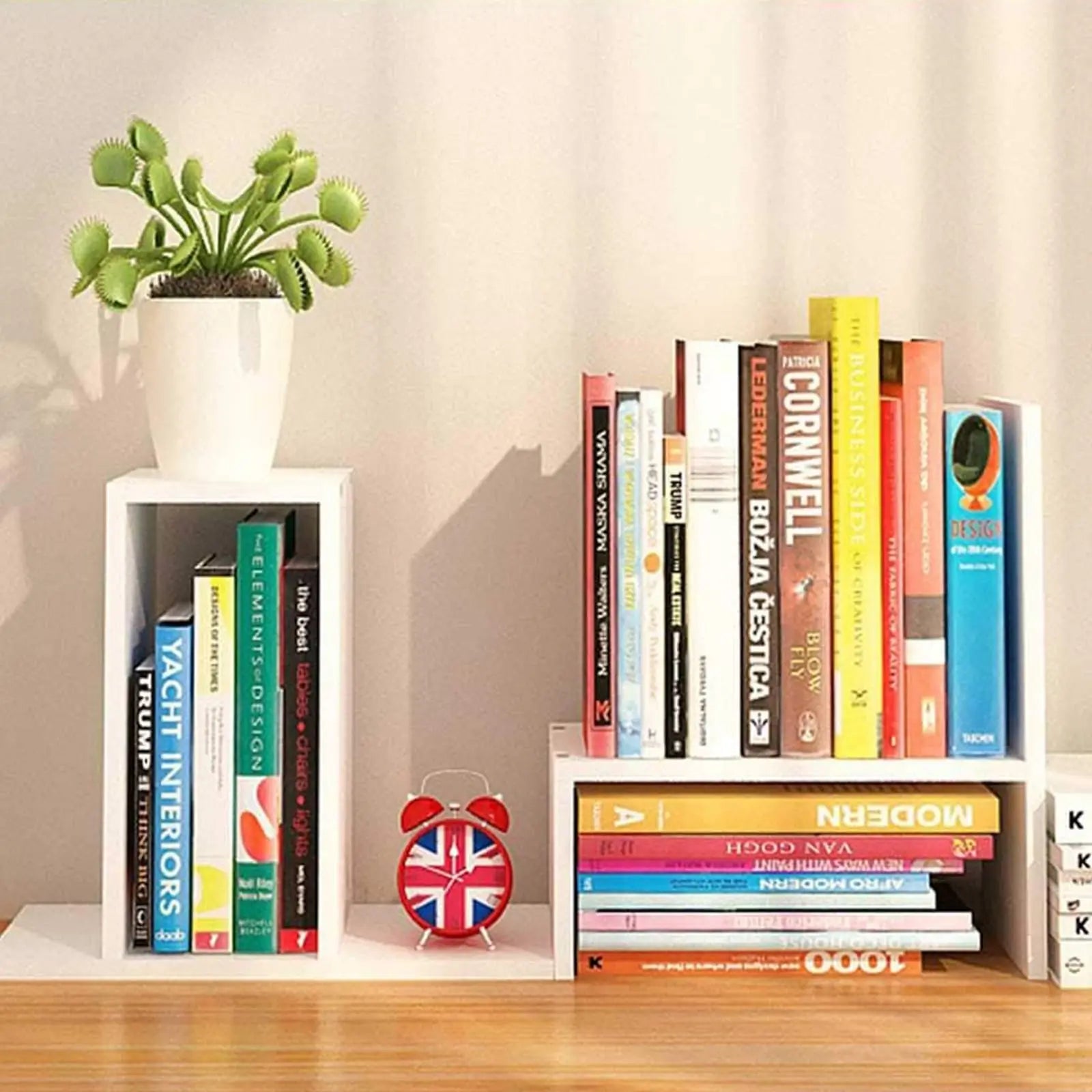 View of Adjustable Wooden Desktop Shelf Organizer – Office Desk Storage Rack