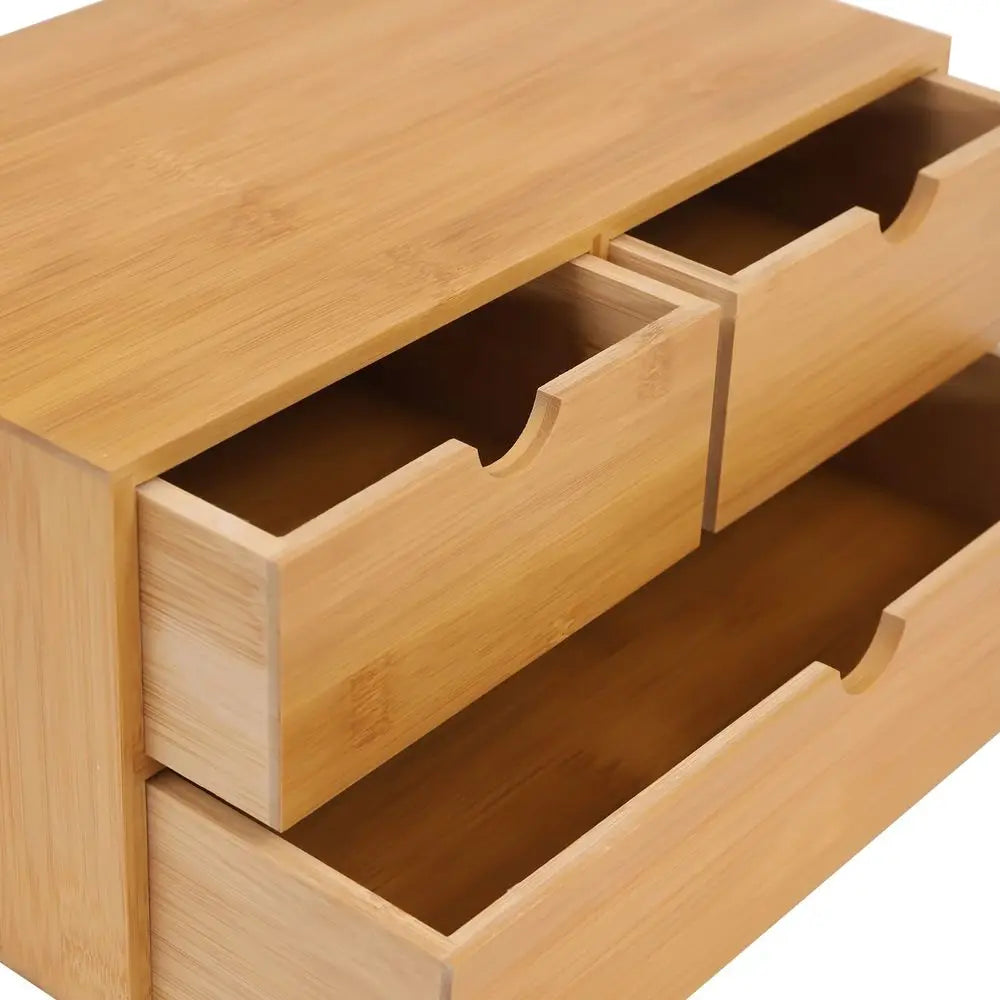 Bamboo Desk Organizer with 3 Drawers – Tabletop Storage Box for Office, Makeup & Home | No Assembly