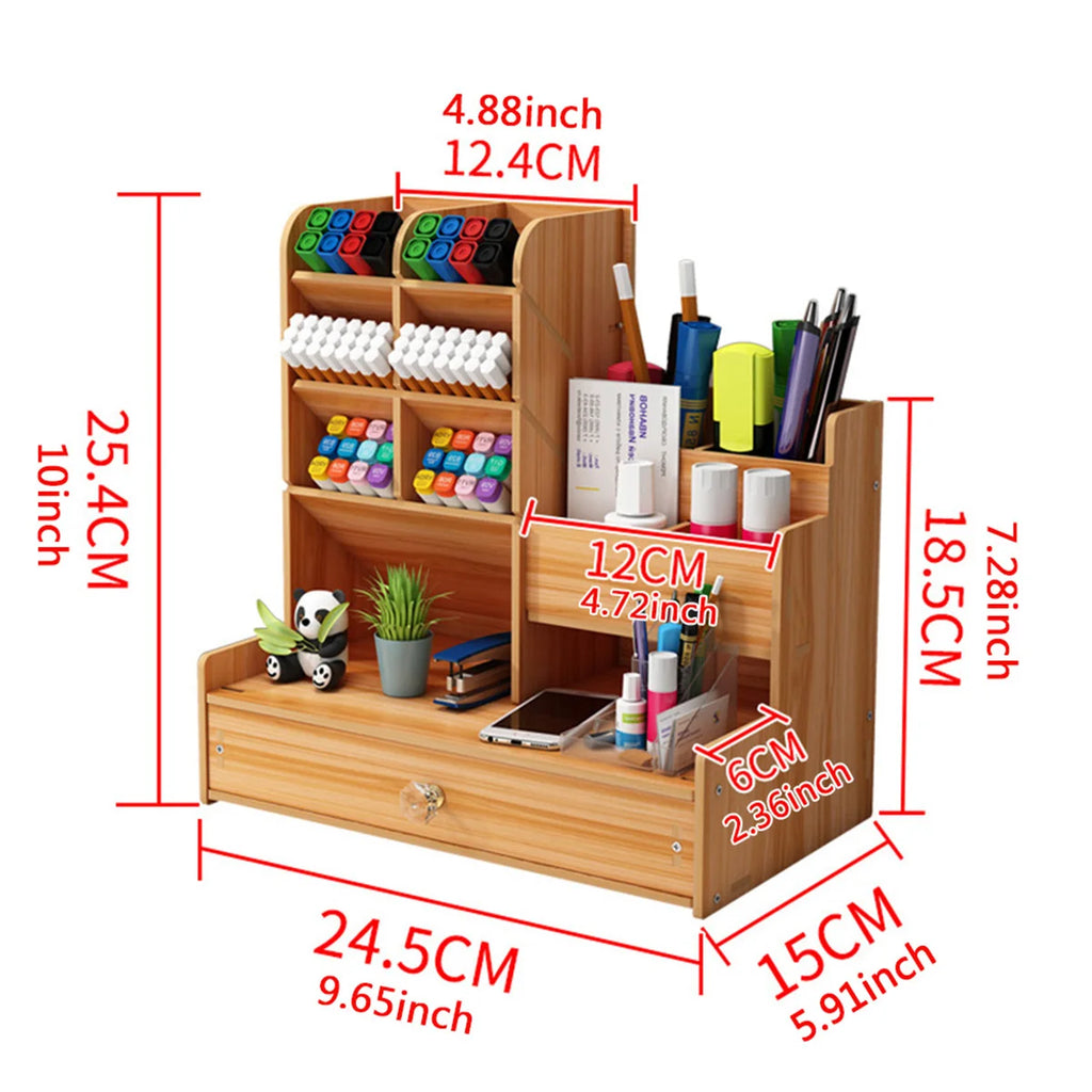 Simple Wooden Wooden Desk Organizer with Drawer – Pen Holder & Stationery