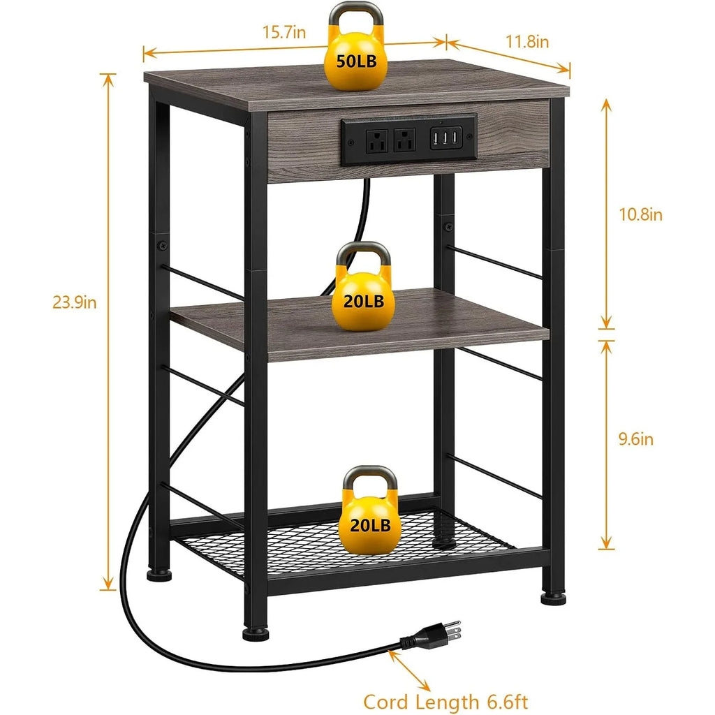 3-Tier Nightstand with Charging Station – Bedside Table with USB Ports and