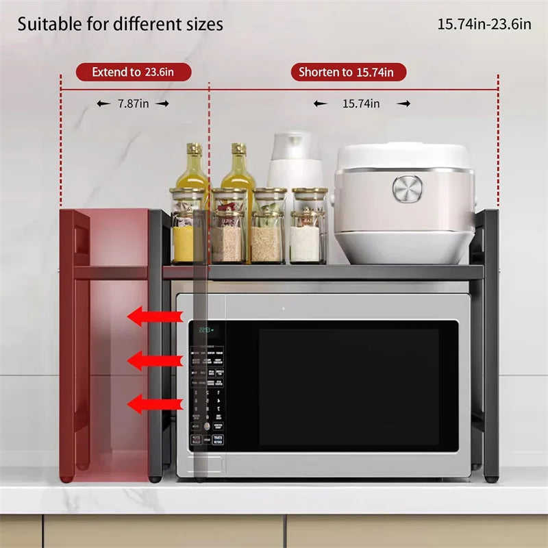 Adjustable width Microwave Rack – Space-Saving Kitchen Counter Shelf with Hooks