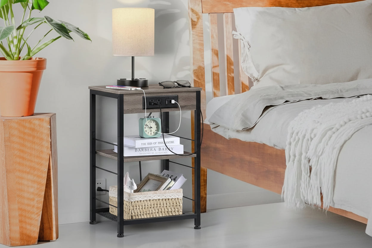 3-Tier Nightstand with Charging Station – Bedside Table with USB Ports and