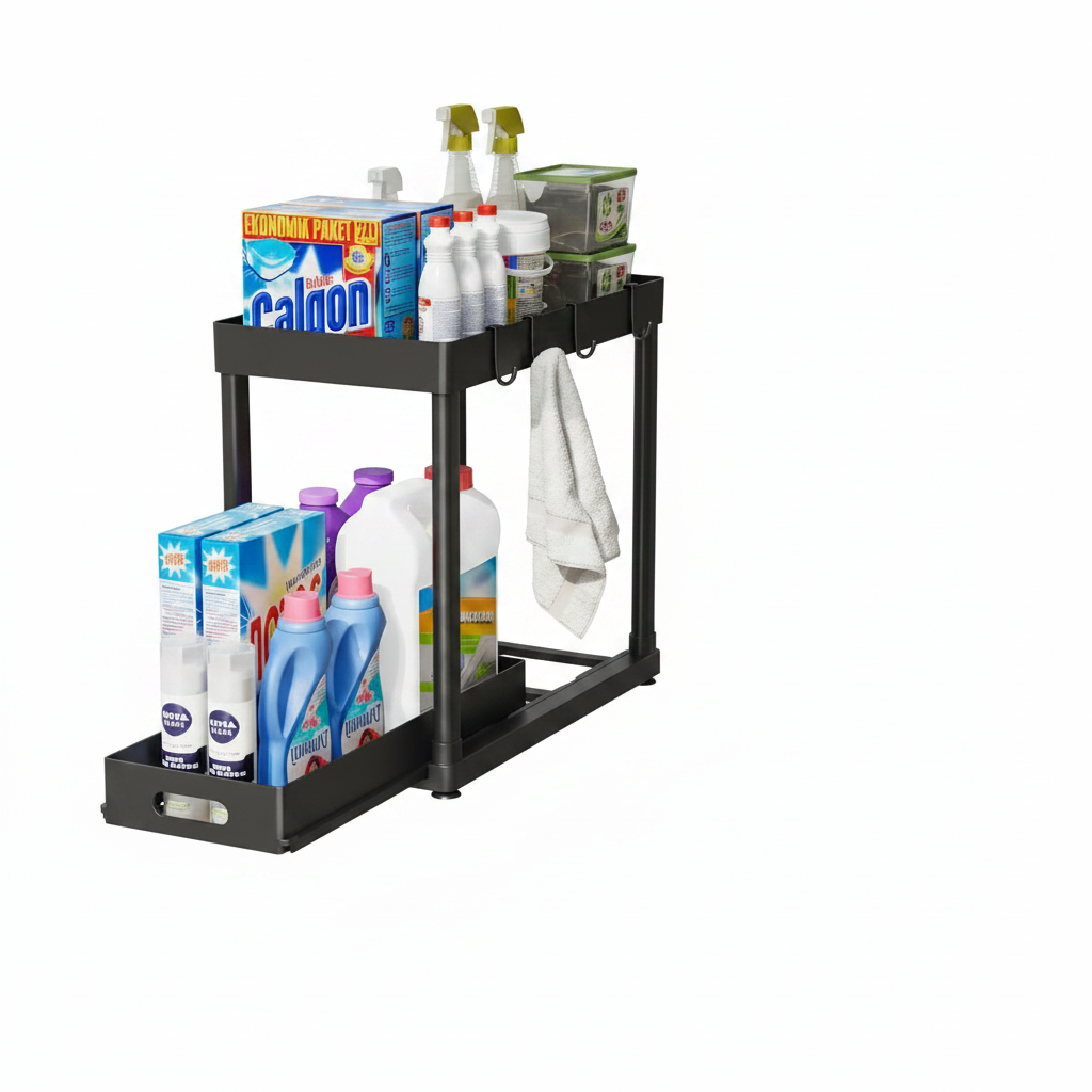1 / 2-Piece Pull-Out Under Sink Storage Organizer – Sliding Two-Tier Cabinet Organizer for Kitchen & Bathroom | Black