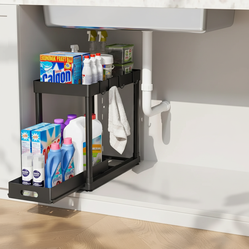 1 / 2-Piece Pull-Out Under Sink Storage Organizer – Sliding Two-Tier Cabinet Organizer for Kitchen & Bathroom | Black