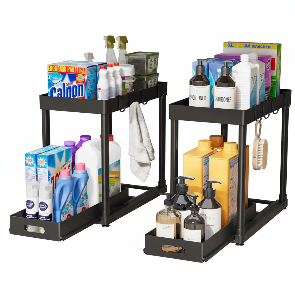 No drill Pull-Out Under Sink Storage Organizer – Sliding Two-Tier Cabinet Organizer for Kitchen & Bathroom | Black