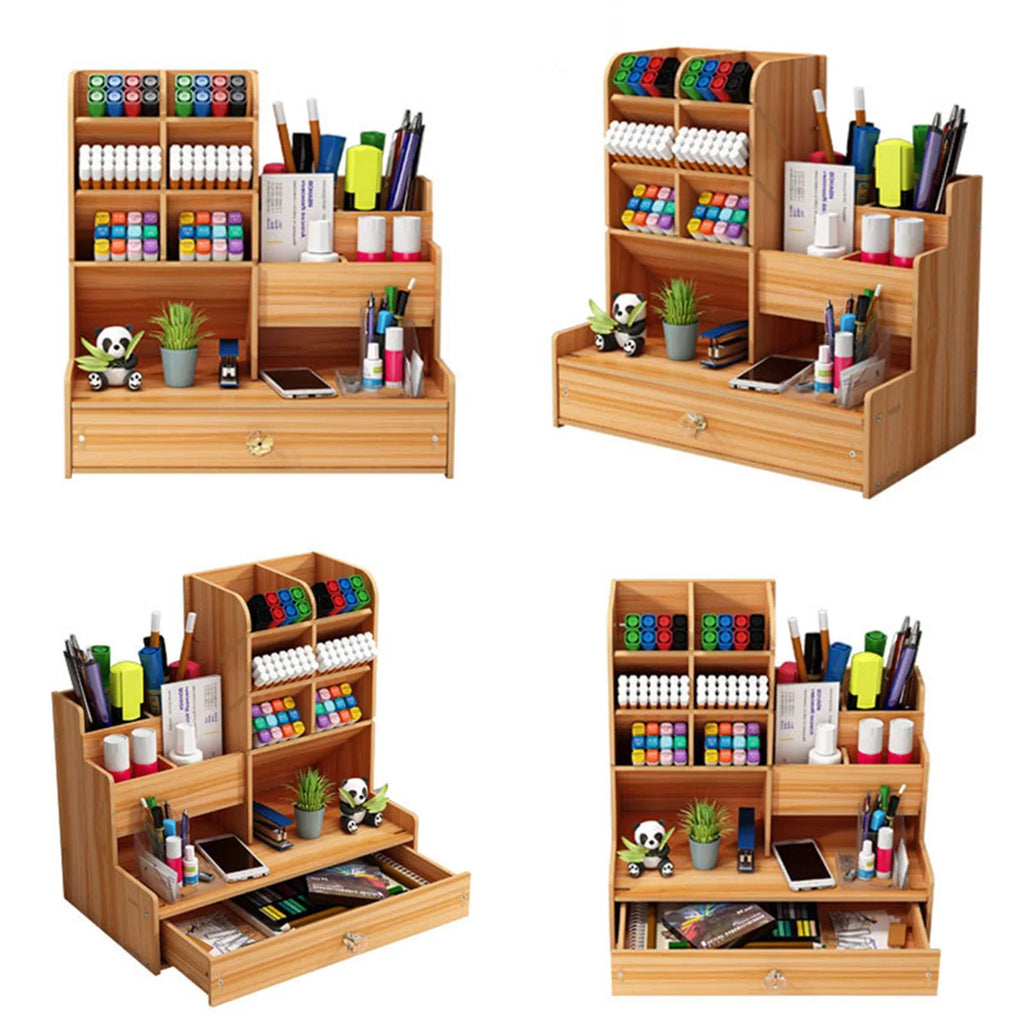 Simple Wooden Wooden Desk Organizer with Drawer – Pen Holder & Stationery