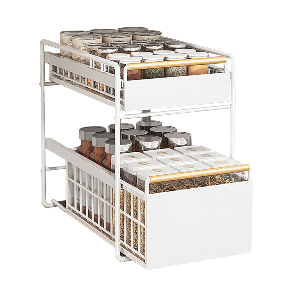 2-Tier Pull-Out Cabinet Organizer – Under Sink Sliding Storage Drawer with Hooks