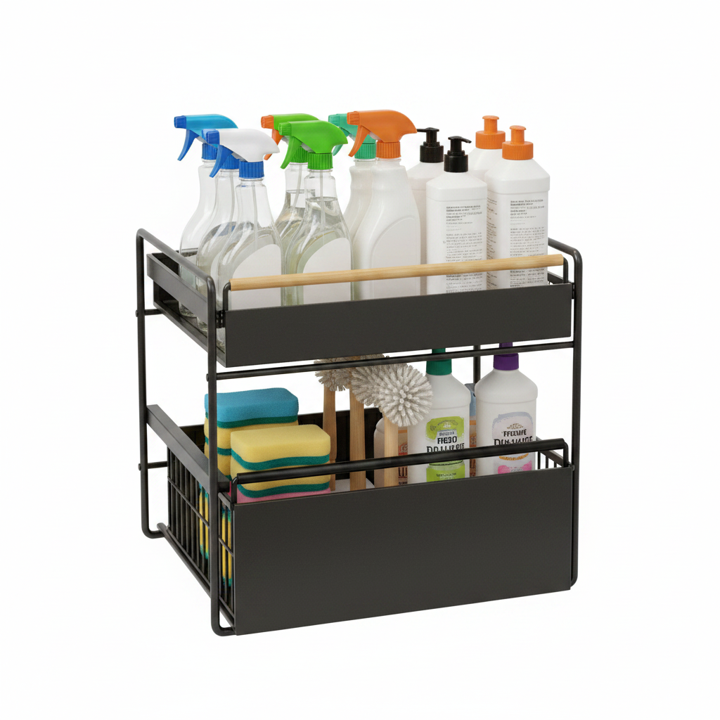 2-Tier Pull-Out Cabinet Organizer – Under Sink kitchen/toilet Sliding Storage Drawer with Hooks