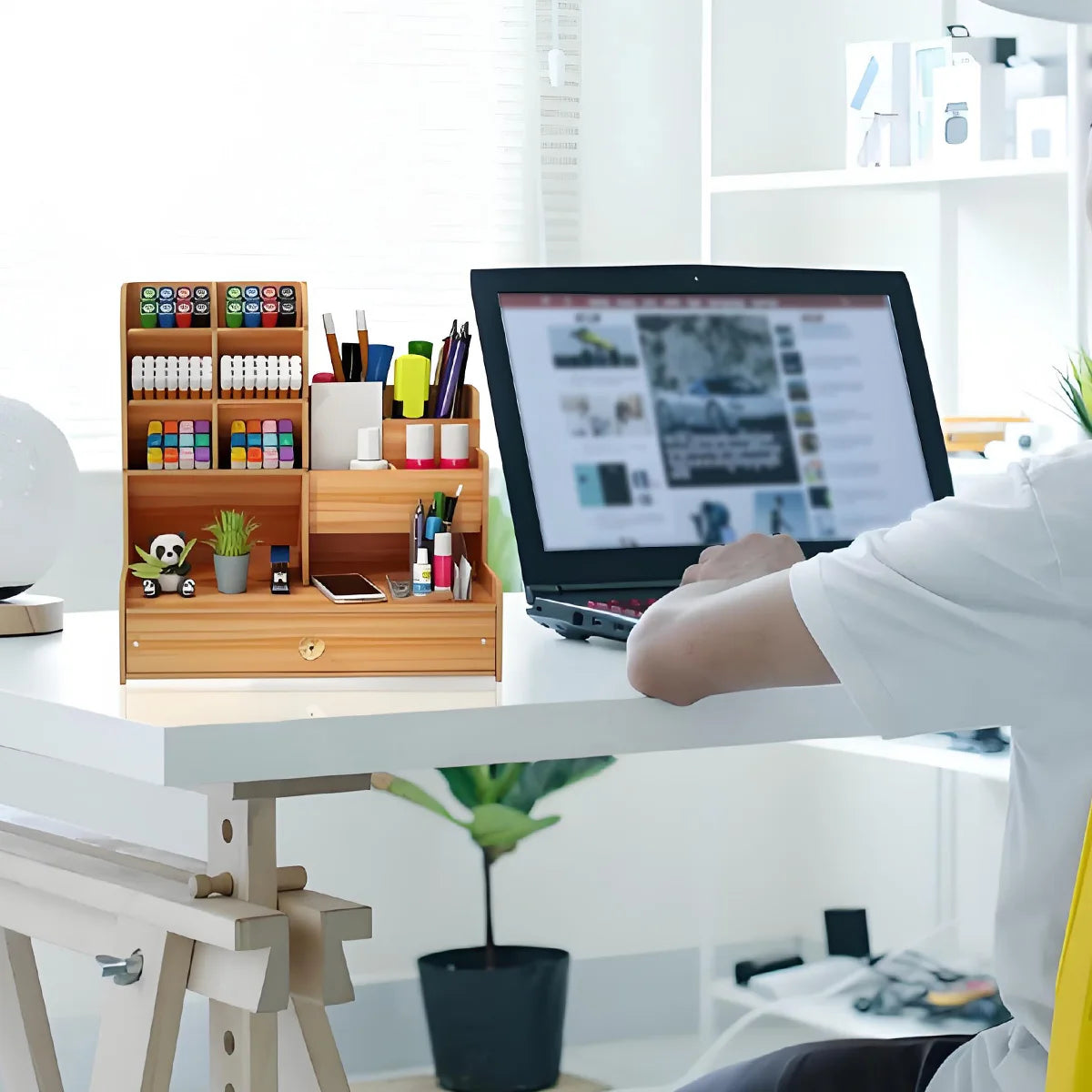 View of Simple Wooden Wooden Desk Organizer with Drawer – Pen Holder