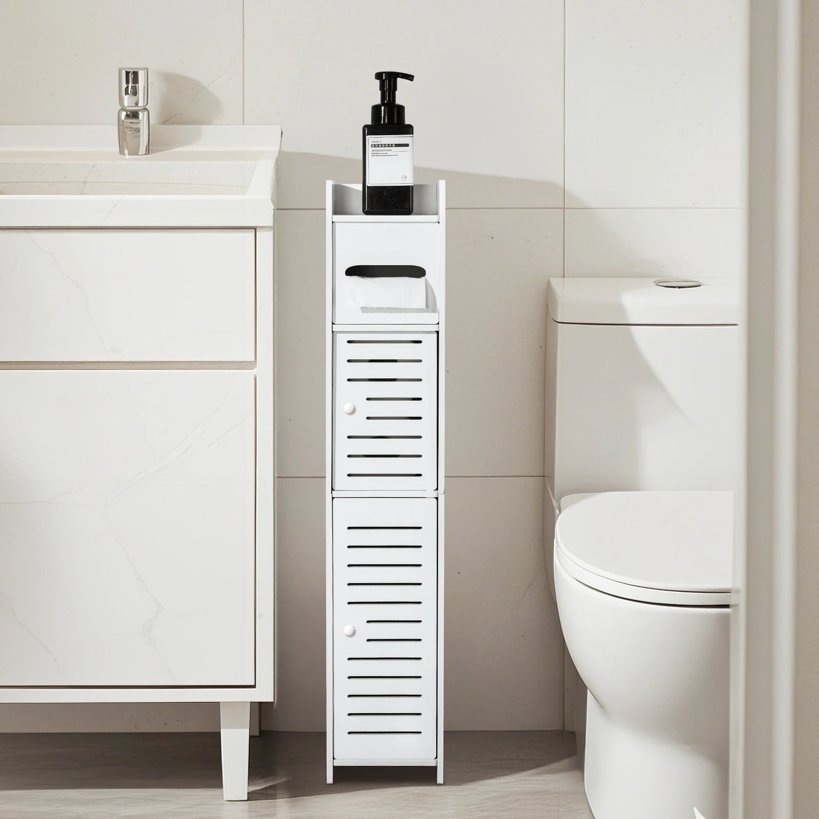 View of Slim 3-Tier Bathroom Storage Cabinet – Space-Saving Toilet Paper &