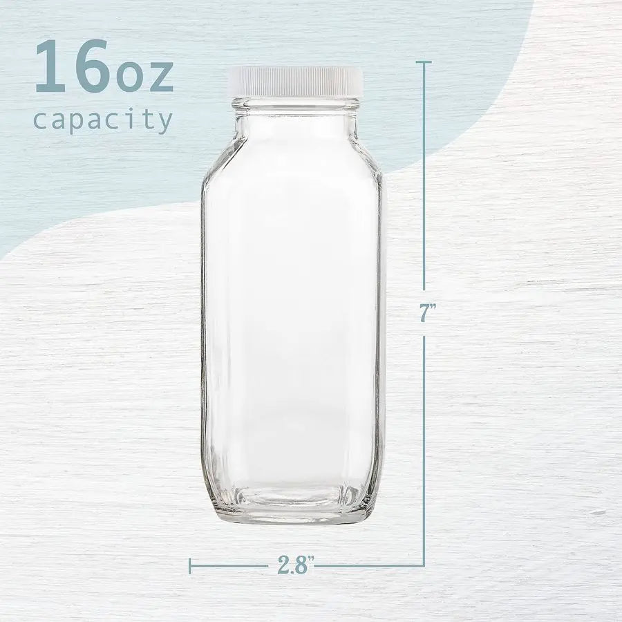 16oz Square Glass Bottles with Airtight Lids – Reusable Glass Beverage Containers