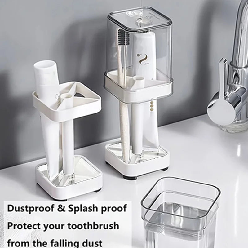 2-in-1 Family Toothbrush Holder with Cover – Bathroom Countertop Organizer