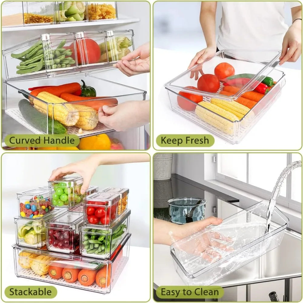 10-Pack Refrigerator Organizer Bins with Lids – Stackable Clear Fridge & Pantry
