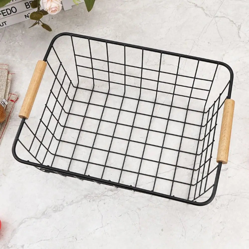 4-Pack Wire Metal Storage Basket – Iron Wire Rectangle Organizer with Wood Handle | Black or White