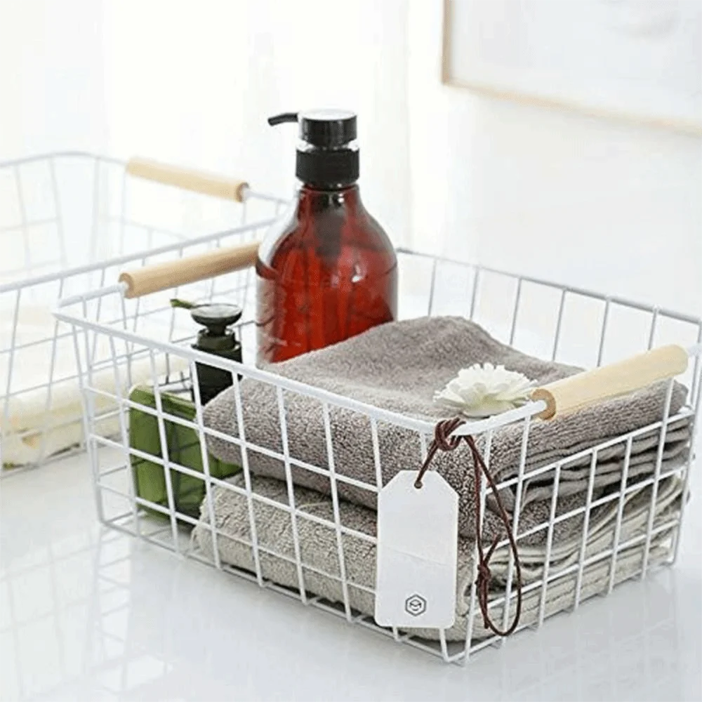 4-Pack Wire Metal Storage Basket – Iron Wire Rectangle Organizer with Wood Handle | Black or White