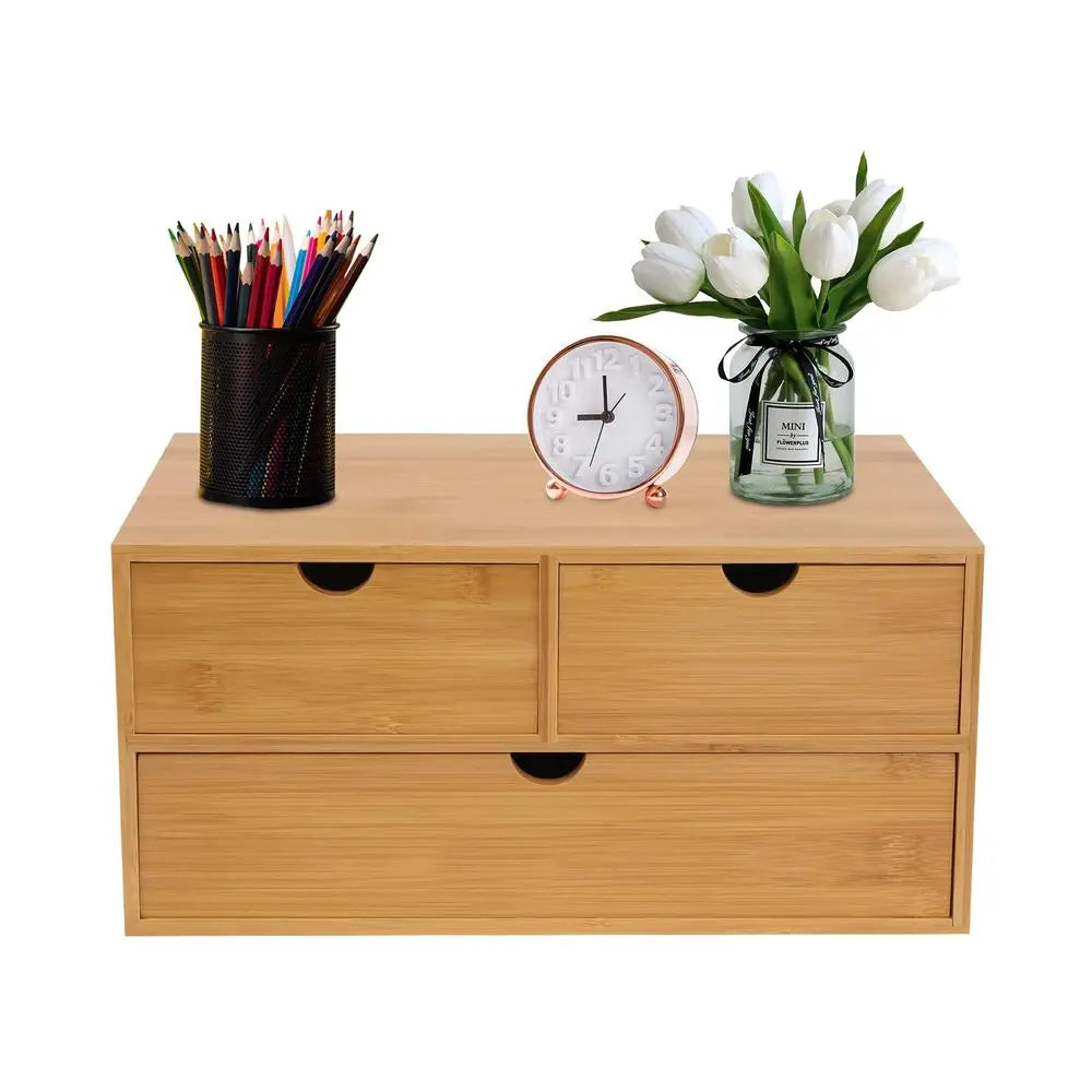 Bamboo Desk Organizer with 3 Drawers – Tabletop Storage Box for Office, Makeup & Home | No Assembly
