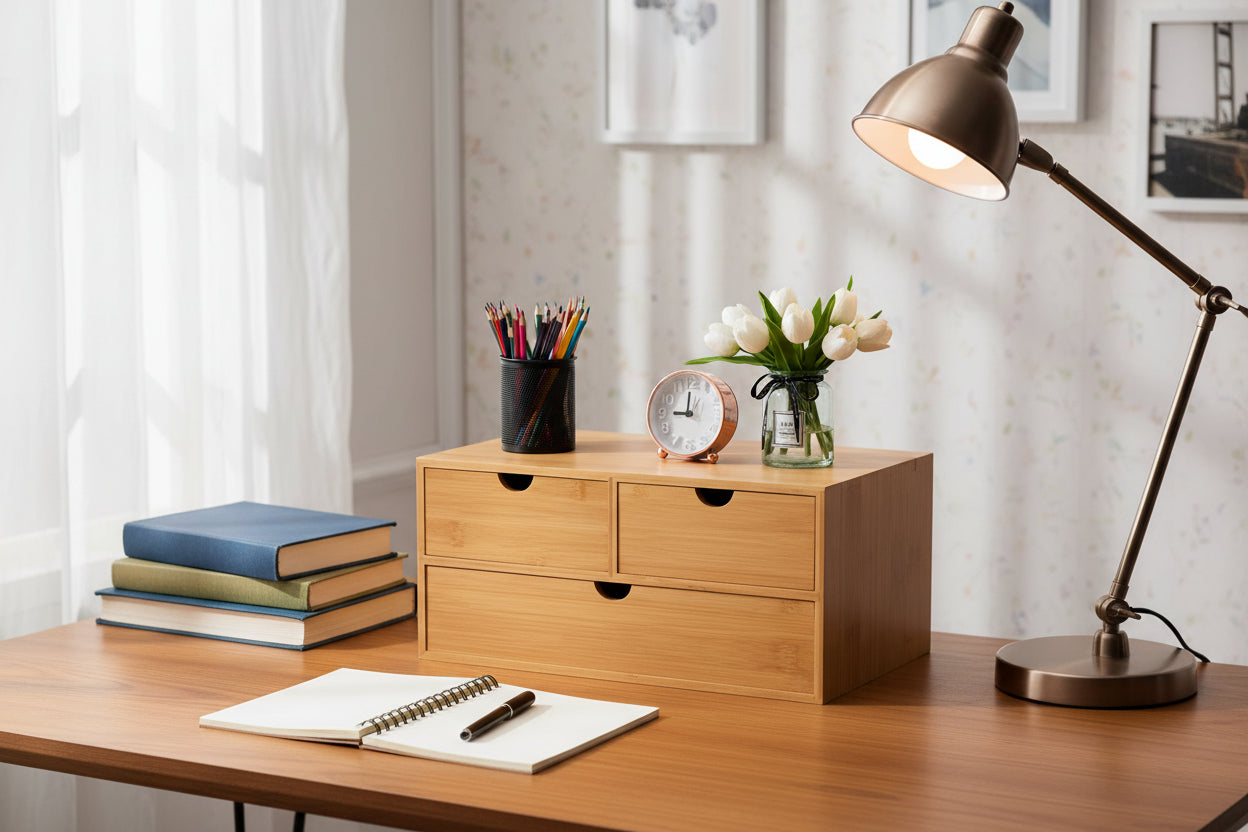 Wooden desk with two drawers, holding a pencil holder, clock, and vase with flowers on a white background.