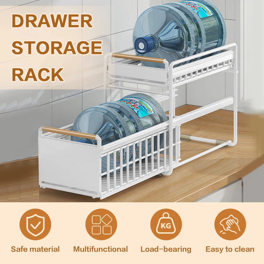 2-Tier Pull-Out Cabinet Organizer – Under Sink Sliding Storage Drawer with Hooks