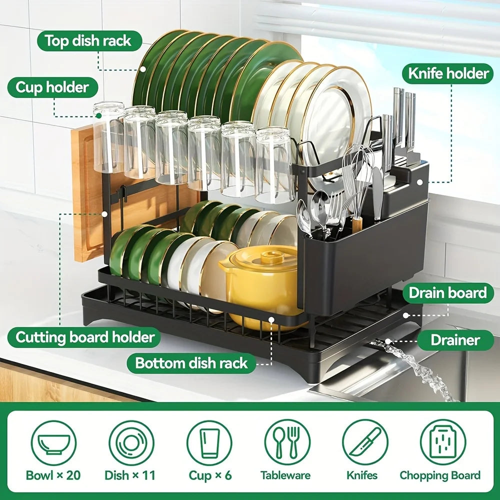 2-Tier Dish Drying Rack with Drainboard – Space-Saving Kitchen Dish Organizer product