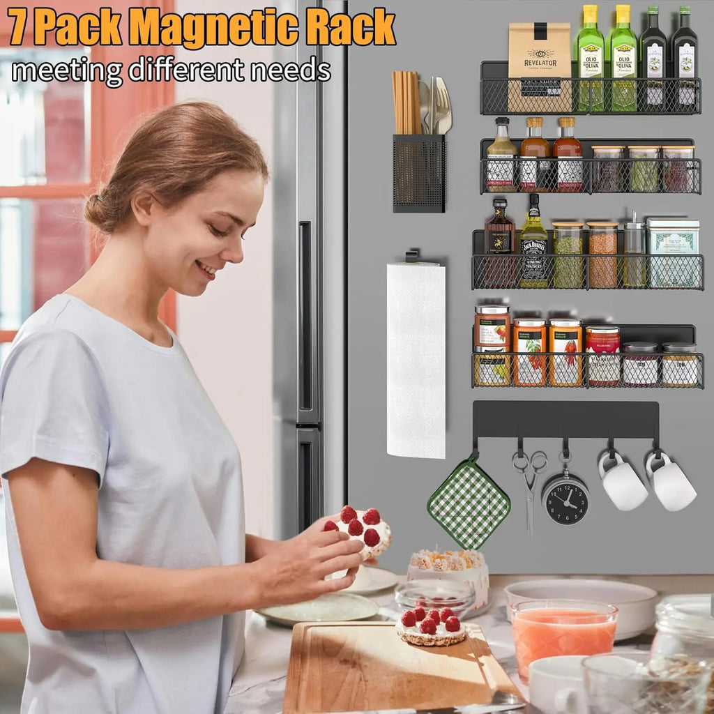 7-Piece Magnetic Spice Rack for Refrigerator – Metal Storage Shelves with Hooks