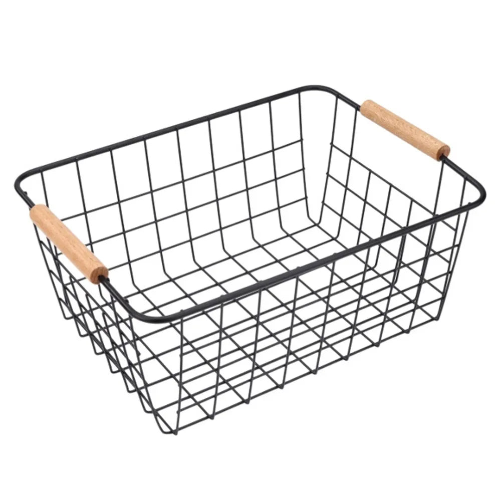 4-Pack Wire Metal Storage Basket – Iron Wire Rectangle Organizer with Wood Handle | Black or White