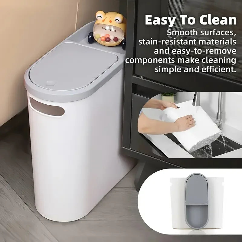 View of Slim Bathroom Trash Can with Lid – Modern Space-Saving Waste
