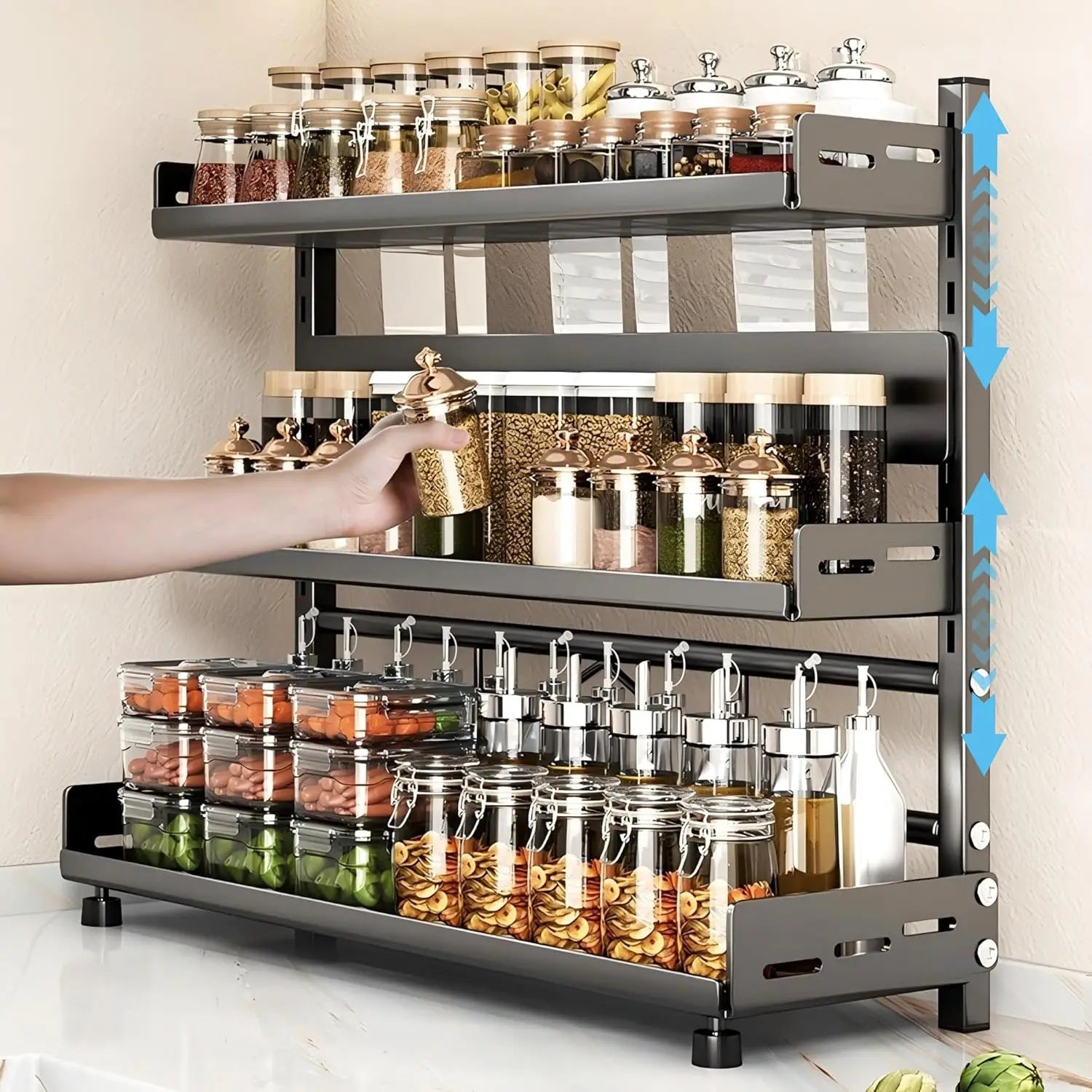 3-Tier Adjustable Vertical Spice Rack Organizer – Rustproof Metal Kitchen Storage