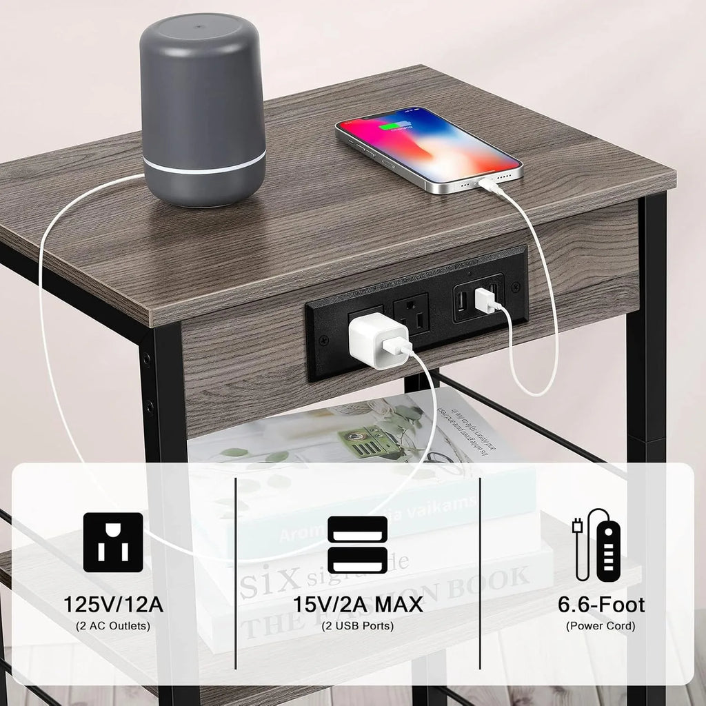 View of 3-Tier Nightstand with Charging Station – Bedside Table with USB