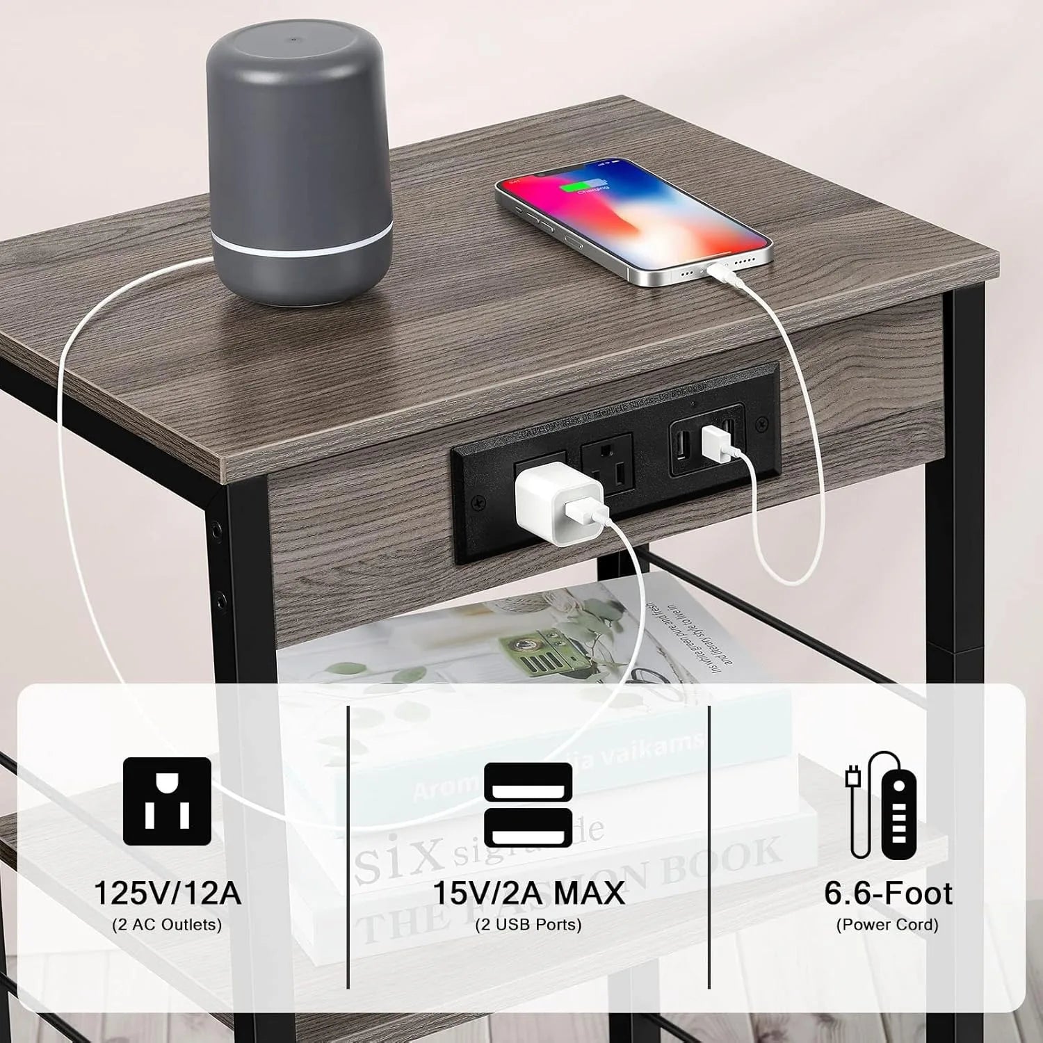 View of 3-Tier Nightstand with Charging Station – Bedside Table with USB