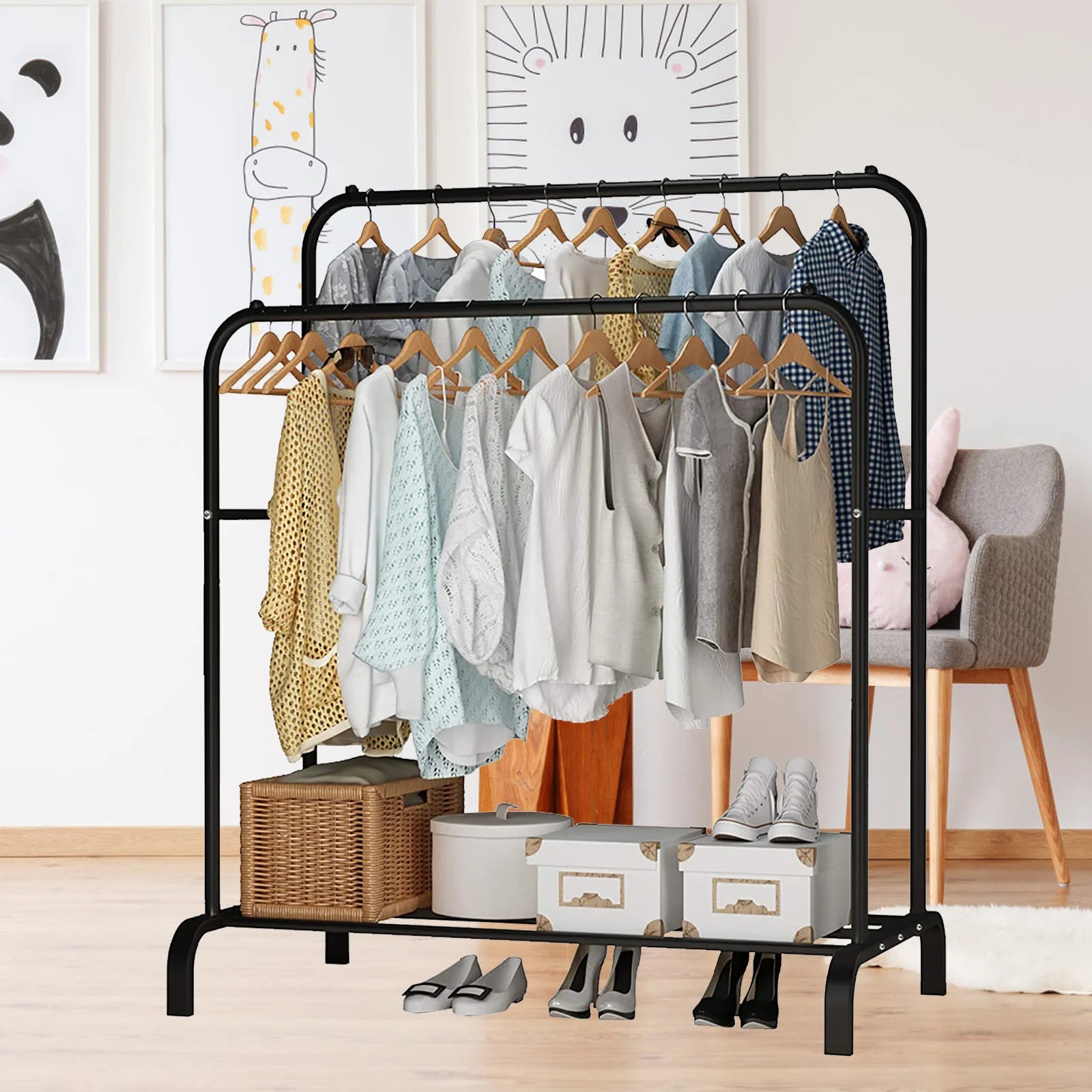 Double Rod Clothes Rack with Shelves – Metal Garment Rack Organizer
