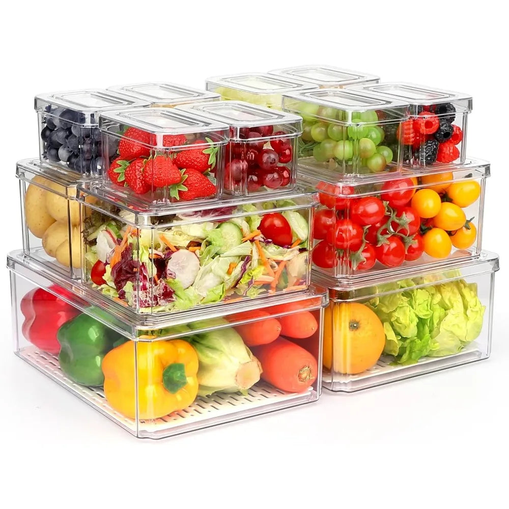 View of 10-Pack Refrigerator Organizer Bins with Lids – Stackable Clear Fridge