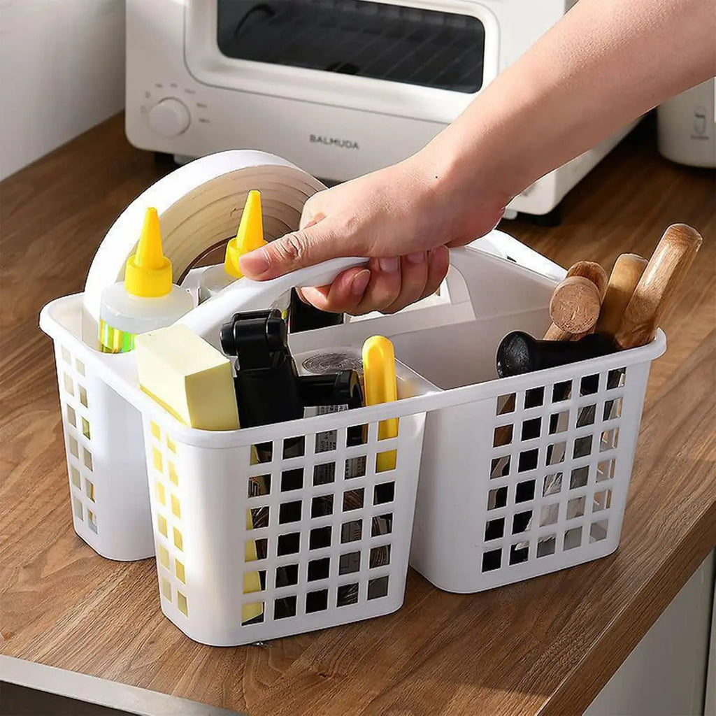 View of Divided Shower Caddy Basket with Handle – 3-Compartment Portable Storage